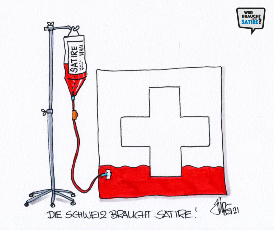 Cartoon von Jürg Kühni – Wer braucht schon Satire? Aktion zur Stärkung der Schweizer Satire. Satire frei von Zensur, Investoren und Medienkonzernen – von den Künstler*innen direkt zu dir.
