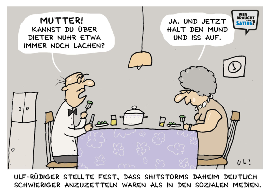 Cartoon von Uli Döring – Wer braucht schon Satire? Aktion zur Stärkung der Schweizer Satire. Satire frei von Zensur, Investoren und Medienkonzernen – von den Künstler*innen direkt zu dir.