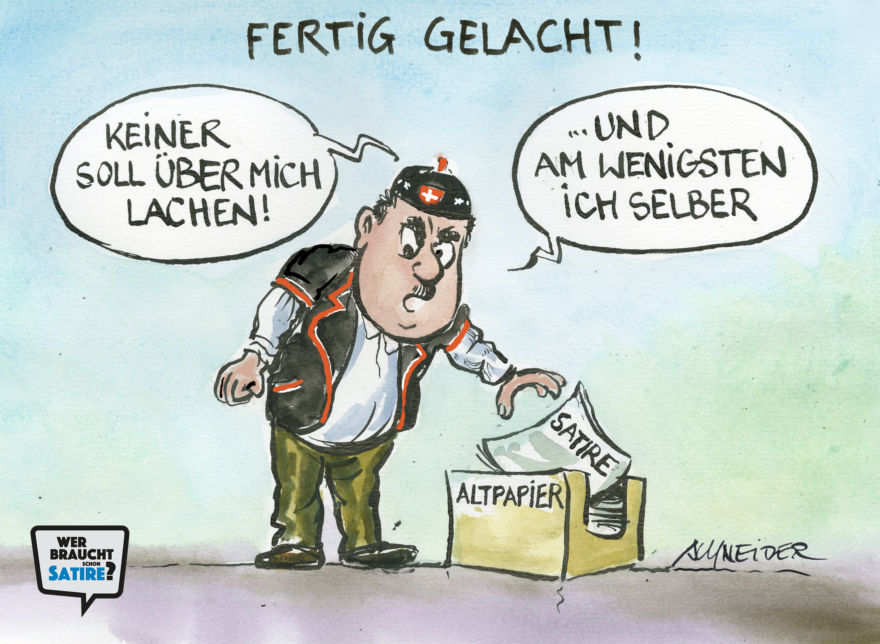 Cartoon von Carlo Schneider – Wer braucht schon Satire? Aktion zur Stärkung der Schweizer Satire. Satire frei von Zensur, Investoren und Medienkonzernen – von den Künstler*innen direkt zu dir.