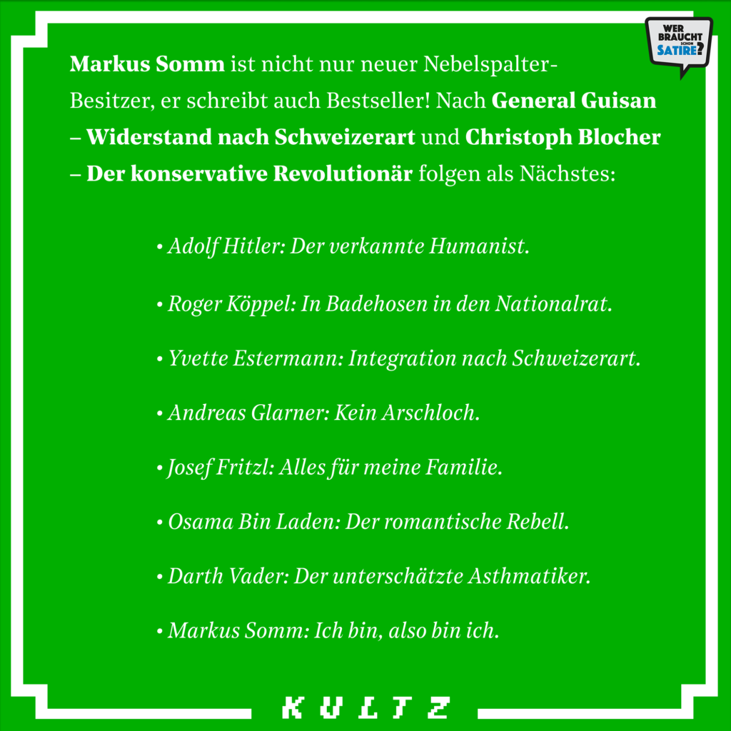 Satire von Kultz.ch – Wer braucht schon Satire? Aktion zur Stärkung der Schweizer Satire. Satire frei von Zensur, Investoren und Medienkonzernen – von den Künstler*innen direkt zu dir.