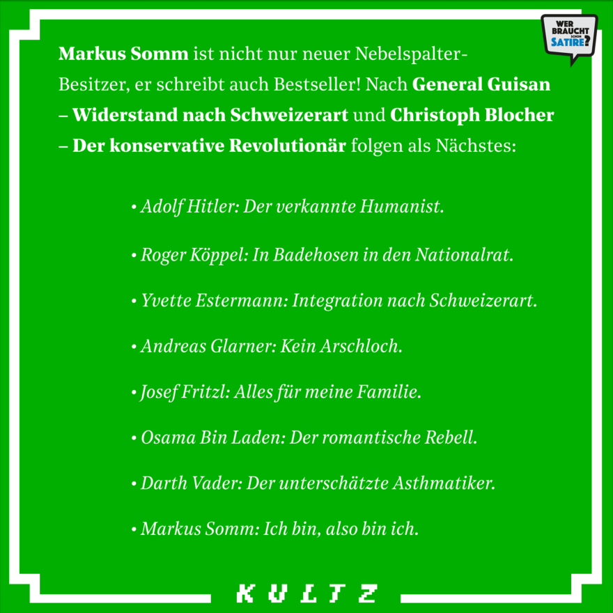 Satire von Kultz.ch – Wer braucht schon Satire? Aktion zur Stärkung der Schweizer Satire. Satire frei von Zensur, Investoren und Medienkonzernen – von den Künstler*innen direkt zu dir.