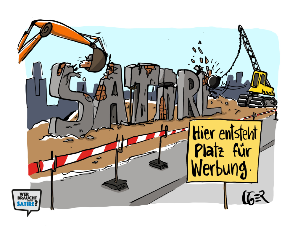 Cartoon von Oger – Wer braucht schon Satire? Aktion zur Stärkung der Schweizer Satire. Satire frei von Zensur, Investoren und Medienkonzernen – von den Künstler*innen direkt zu dir.