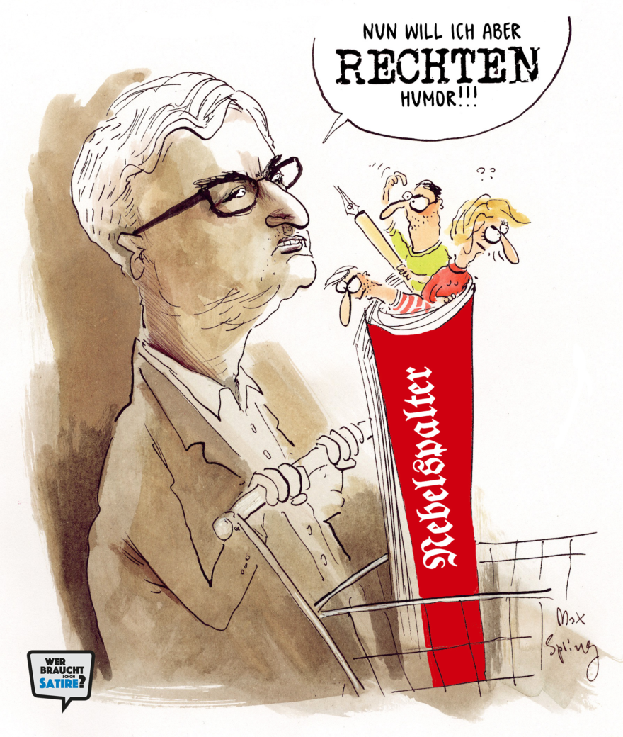 Cartoon von Max Spring – Wer braucht schon Satire? Aktion zur Stärkung der Schweizer Satire. Satire frei von Zensur, Investoren und Medienkonzernen – von den Künstler*innen direkt zu dir.