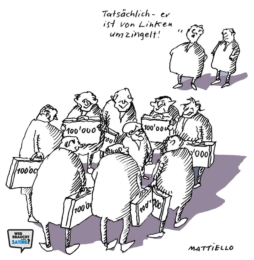 Cartoon von Ernst Mattiello – Wer braucht schon Satire? Aktion zur Stärkung der Schweizer Satire. Satire frei von Zensur, Investoren und Medienkonzernen – von den Künstler*innen direkt zu dir.