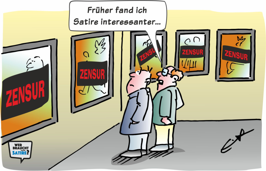 Cartoon von Bernd Eisert – Wer braucht schon Satire? Aktion zur Stärkung der Schweizer Satire. Satire frei von Zensur, Investoren und Medienkonzernen – von den Künstler*innen direkt zu dir.