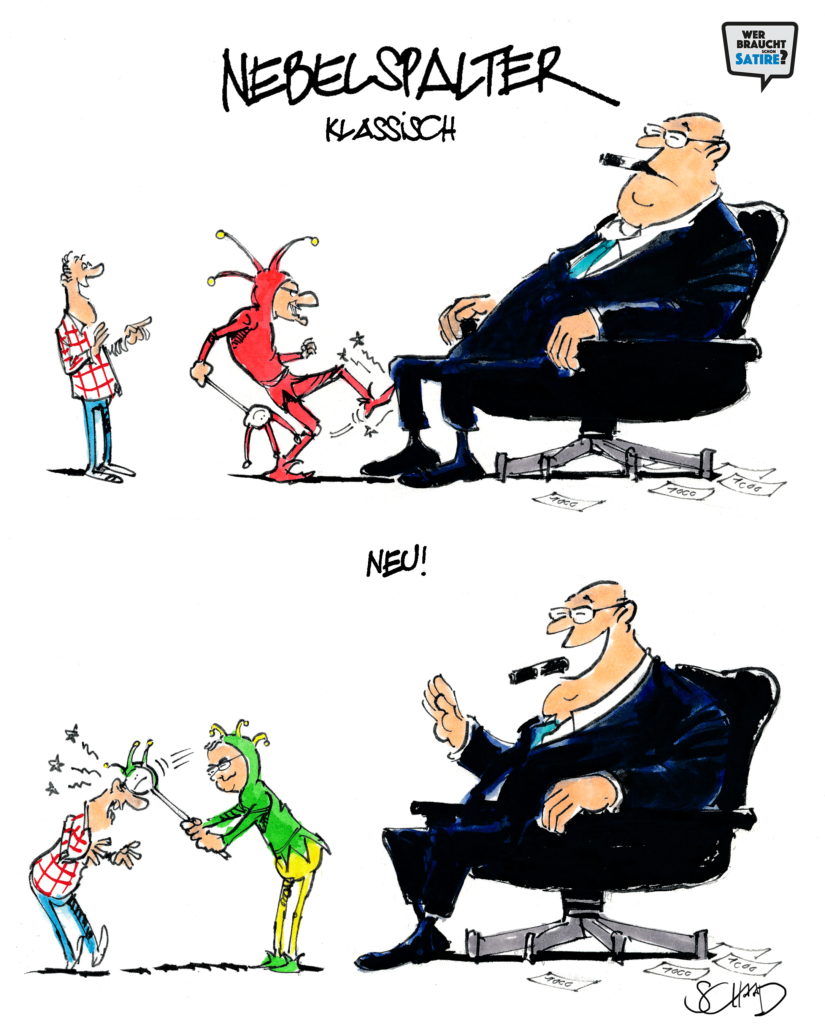 Cartoon von Felix Schaad – Wer braucht schon Satire? Aktion zur Stärkung der Schweizer Satire. Satire frei von Zensur, Investoren und Medienkonzernen – von den Künstler*innen direkt zu dir.
