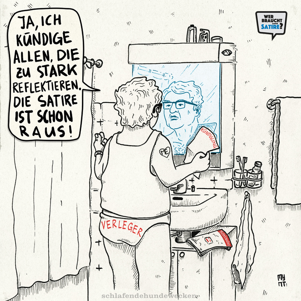 Cartoon von Mynt – Wer braucht schon Satire? Aktion zur Stärkung der Schweizer Satire. Satire frei von Zensur, Investoren und Medienkonzernen – von den Künstler*innen direkt zu dir.