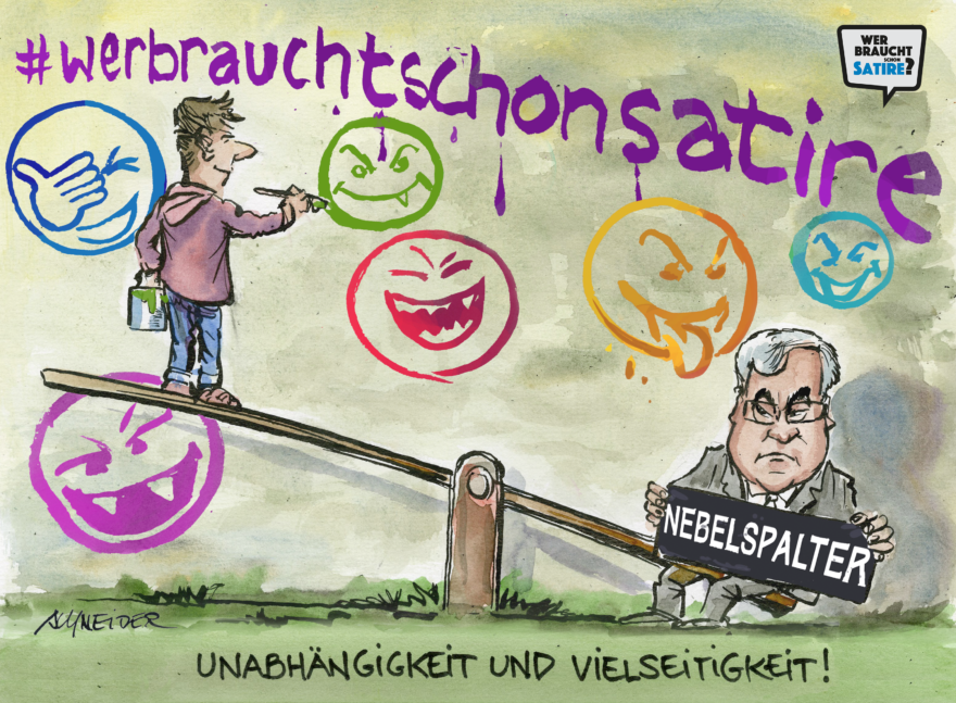 Cartoon von Carlo Schneider – Wer braucht schon Satire? – Wer braucht schon Satire? Aktion zur Stärkung der Schweizer Satire. Satire frei von Zensur, Investoren und Medienkonzernen – von den Künstler*innen direkt zu dir.