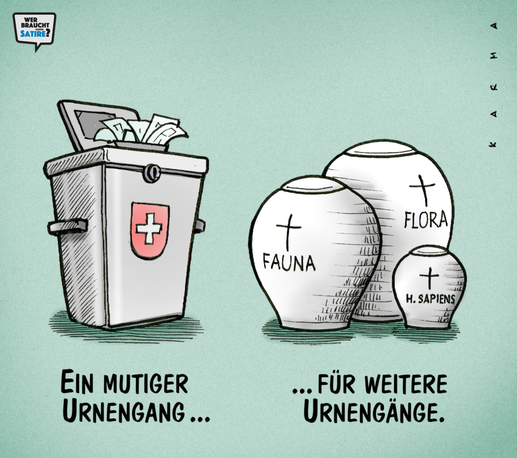 Cartoon von Karma – Wer braucht schon Satire? Aktion zur Stärkung der Schweizer Satire. Satire frei von Zensur, Investoren und Medienkonzernen – von den Künstler*innen direkt zu dir.