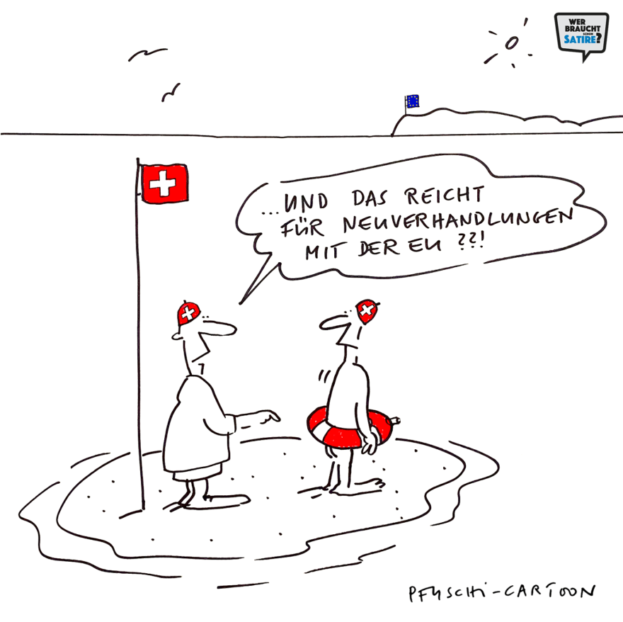 Cartoon von Pfuschi – Wer braucht schon Satire? Aktion zur Stärkung der Schweizer Satire. Satire frei von Zensur, Investoren und Medienkonzernen – von den Künstler*innen direkt zu dir.