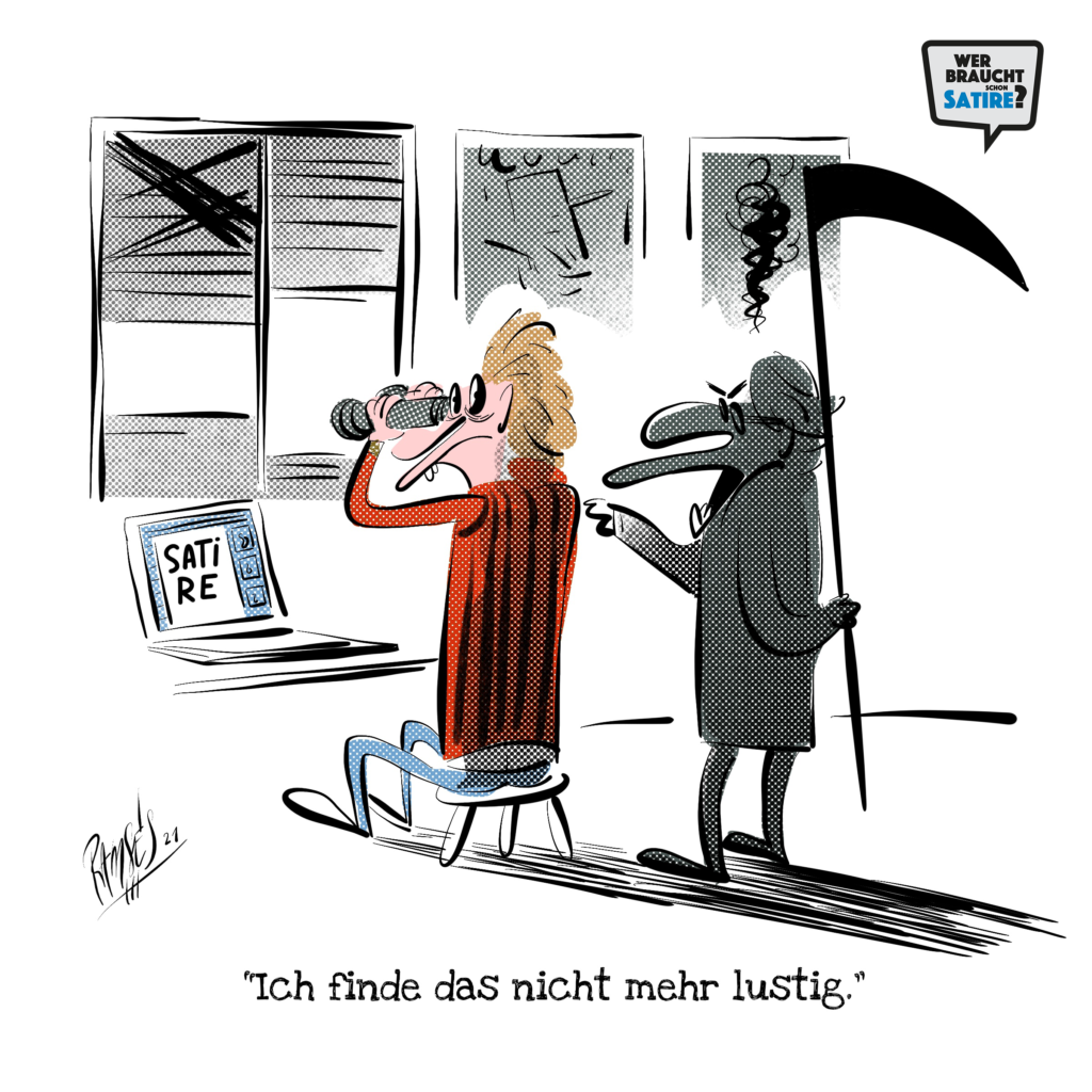 Cartoon von Ramses – Wer braucht schon Satire? Aktion zur Stärkung der Schweizer Satire. Satire frei von Zensur, Investoren und Medienkonzernen – von den Künstler*innen direkt zu dir.