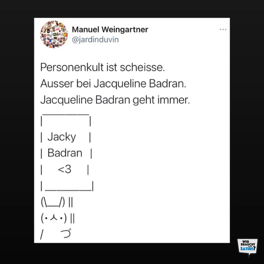 Tweet von Jardinduvin – Wer braucht schon Satire? Aktion zur Stärkung der Schweizer Satire. Satire frei von Zensur, Investoren und Medienkonzernen – von den Künstler*innen direkt zu dir.