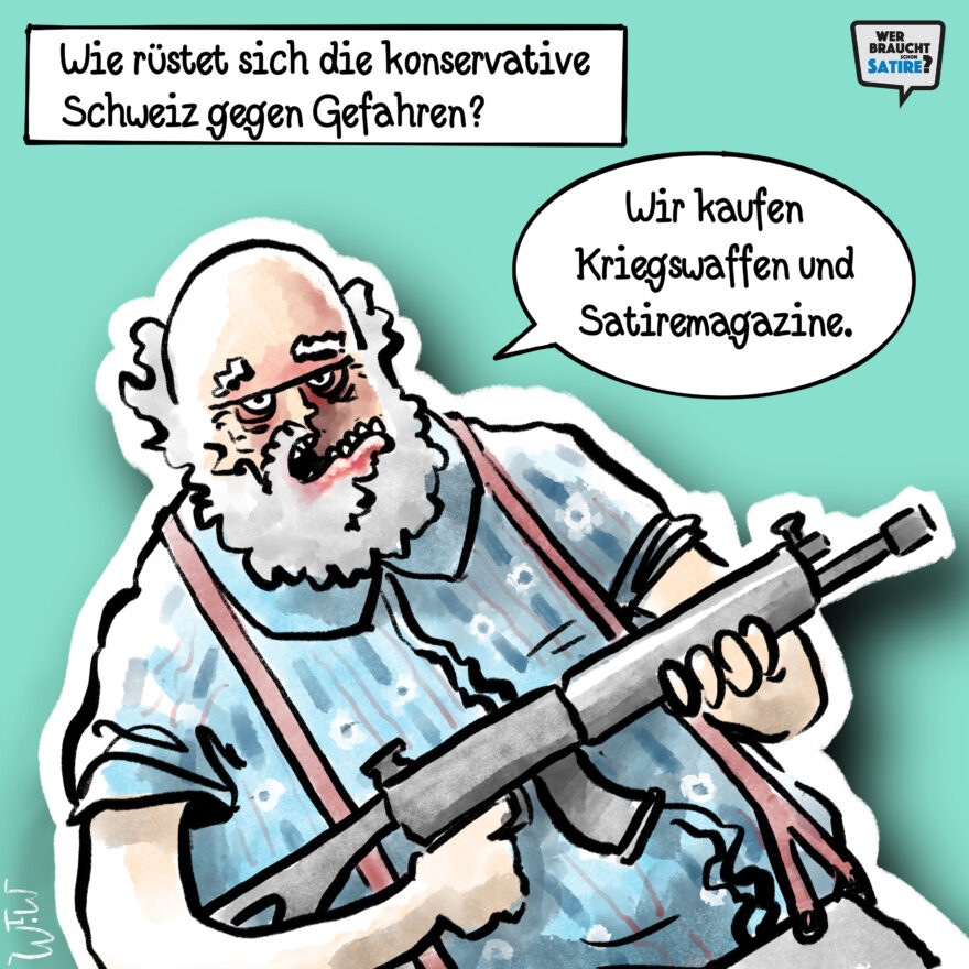 Cartoon von Michael Mittag – Wer braucht schon Satire? Aktion zur Stärkung der Schweizer Satire. Satire frei von Zensur, Investoren und Medienkonzernen – von den Künstler*innen direkt zu dir.