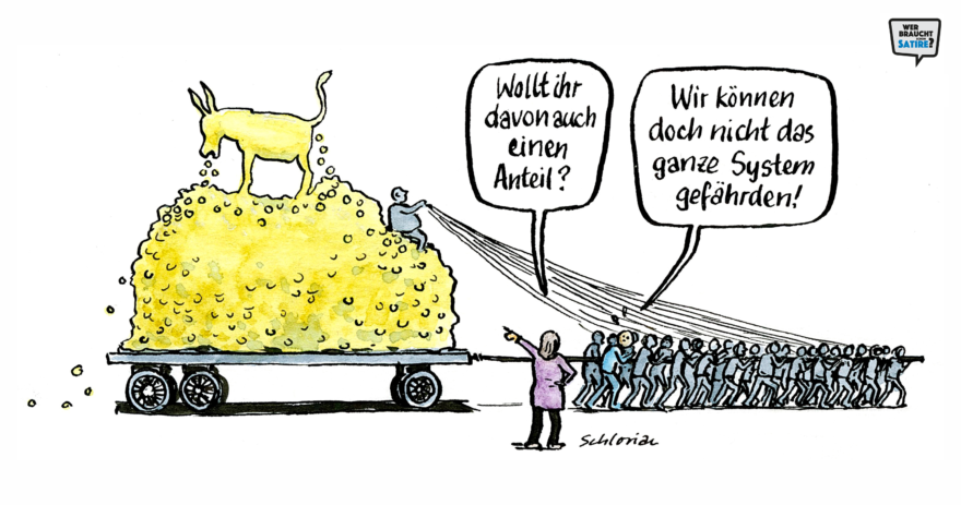 Cartoon von Schlorian – Wer braucht schon Satire? Aktion zur Stärkung der Schweizer Satire. Satire frei von Zensur, Investoren und Medienkonzernen – von den Künstler*innen direkt zu dir.
