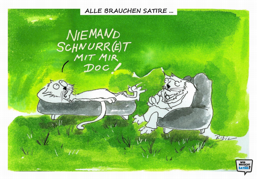 Cartoon von Ribic – Wer braucht schon Satire? Aktion zur Stärkung der Schweizer Satire. Satire frei von Zensur, Investoren und Medienkonzernen – von den Künstler*innen direkt zu dir.
